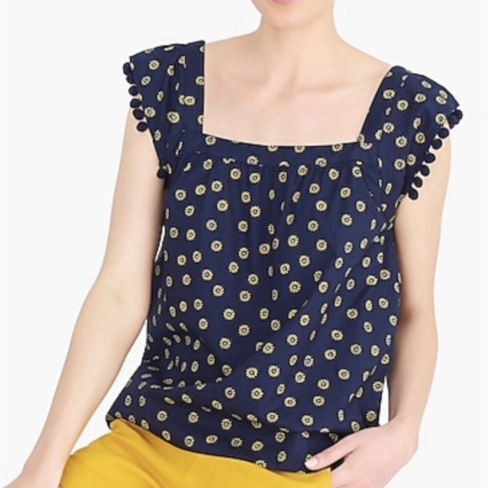 J. Crew Navy Blue and Yellow Printed Cotton Poplin Square-Neck Pom-pom Top